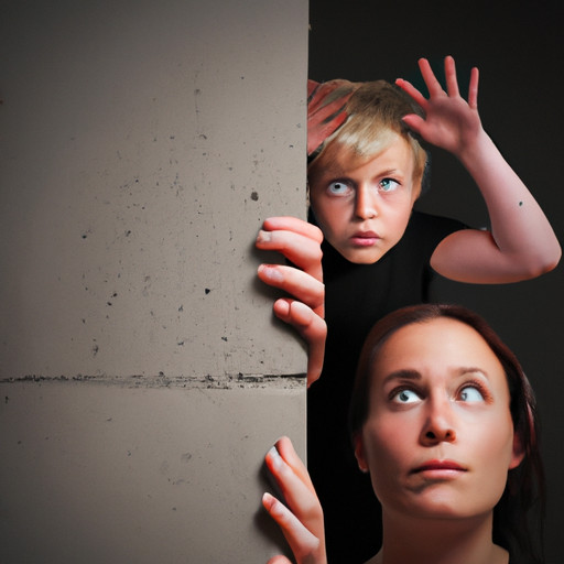 An image capturing a child's wide-eyed expression as they cower against a wall, while their mom stands over them with an intense gaze and raised hand, showcasing the impact of authoritarian parenting on fear and discipline