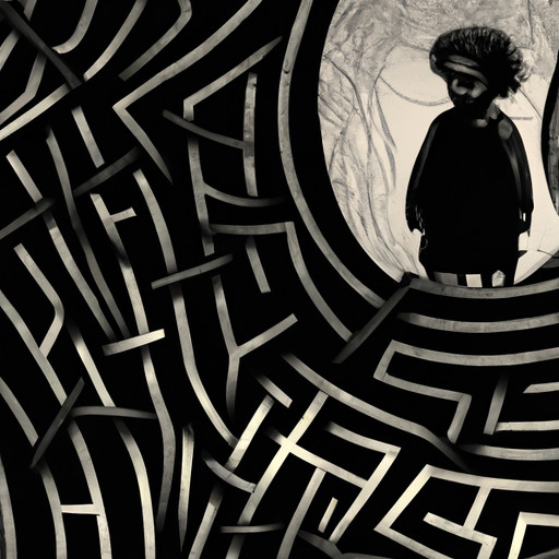 A thought-provoking image portraying a tangled maze with a small figure fearfully gazing at a towering, shadowy figure, symbolizing the intricate dynamics and fear associated with a complex mother-child relationship