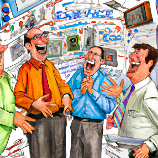 An image showcasing a group of engineers huddled together, laughing uncontrollably at a complex mathematical joke on a whiteboard, while surrounded by quirky gadgets, technical diagrams, and inside jokes encoded in circuitry art