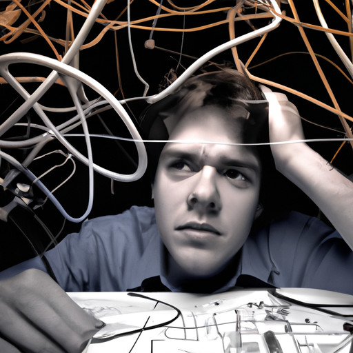 An image that depicts an engineer lost in thought, surrounded by intricate blueprints, tangled wires, and scattered tools
