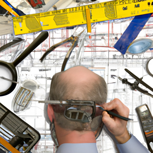 An image showcasing an engineer meticulously measuring a complex blueprint, their eyes focused on the intricate calculations, while surrounded by an organized chaos of precision tools, magnifying glasses, and meticulously labeled drawers