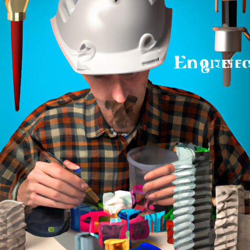 An image showcasing a quirky engineer brainstorming in a lab, surrounded by unconventional tools like a soldering iron, a Rubik's cube, and a paintbrush, highlighting their unique and inventive approach to problem-solving