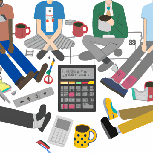 An image showcasing a group of engineers huddled around a complex blueprint, wearing mismatched socks and quirky T-shirts, surrounded by scattered coffee cups, calculators, and a collection of quirky gadgets