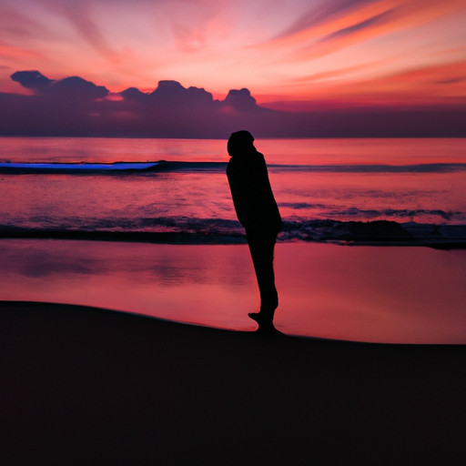 An image depicting a serene beach scene at sunset, where a person stands confidently amidst crashing waves