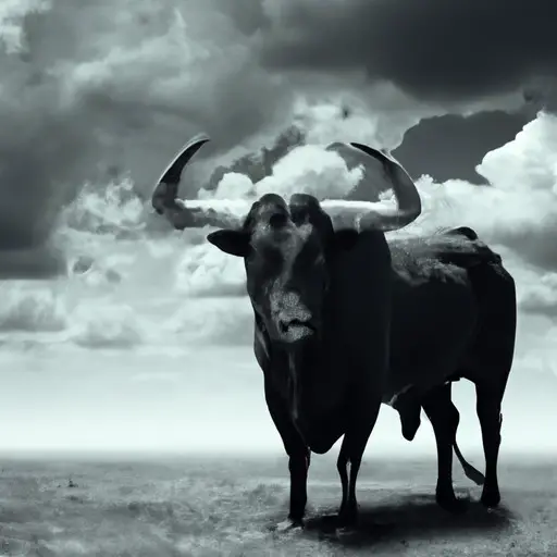 An image featuring a fierce bull, with piercing eyes and sharp horns, standing in a barren field