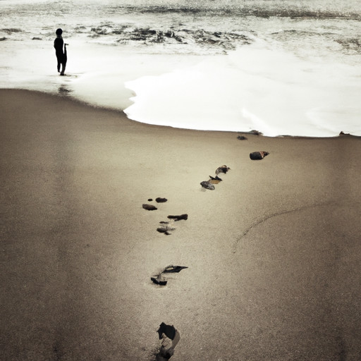 An image of a person standing alone on a deserted beach, staring at footprints slowly being washed away by the waves, symbolizing the fading memories and emotional impact of past relationships on dreams