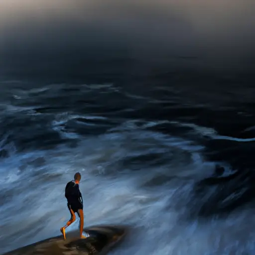 An image showcasing a person standing at the edge of a vast, turbulent ocean, gazing longingly at a distant figure fading into the mist