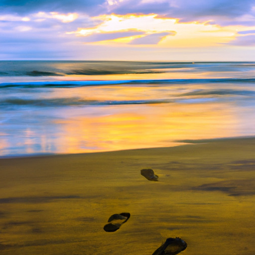 An image that captures a serene beach at sunrise, with two sets of footprints leading towards the horizon