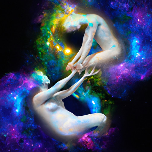 An image of two ethereal figures, embracing and surrounded by vibrant cosmic colors