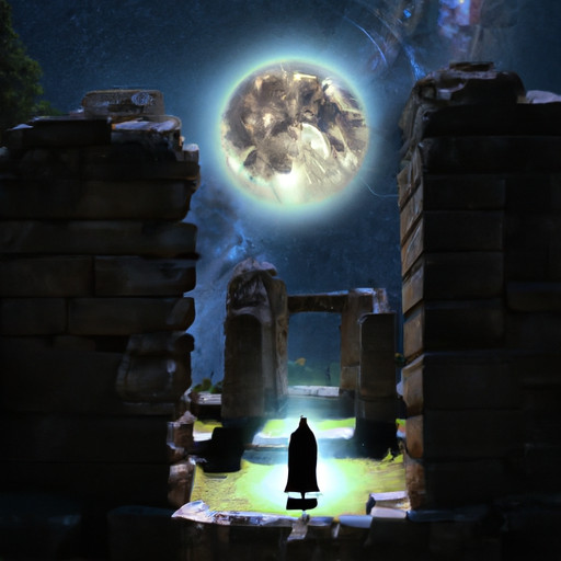 An image showcasing a serene, starry night sky with a glowing full moon casting a gentle glow on a figure standing amidst ancient ruins, symbolizing the process of unearthing past energy patterns