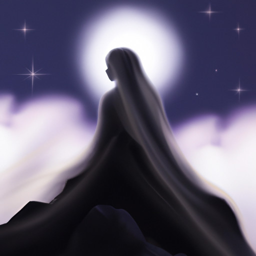 An image depicting a serene figure standing atop a mountain peak, gazing into a starlit sky