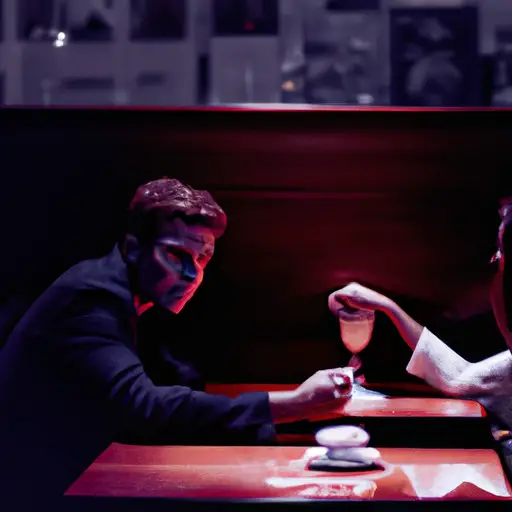 An image showcasing a man and a mistress sitting opposite each other in a dimly lit café, their eyes locked in intense conversation, conveying the deep emotional connection that men seek outside their relationships
