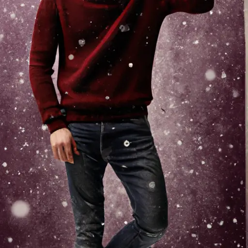 An image showcasing a stylish man wearing a chunky cable-knit sweater in a rich burgundy shade, complemented by dark wash jeans and a cozy beanie, against a backdrop of falling snowflakes