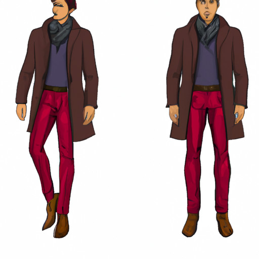 An image featuring a dapper man wearing a tailored charcoal gray wool coat, a burgundy turtleneck sweater, black slim-fit trousers, polished brown leather shoes, and a matching burgundy beanie, exuding sophistication and warmth for a formal winter date