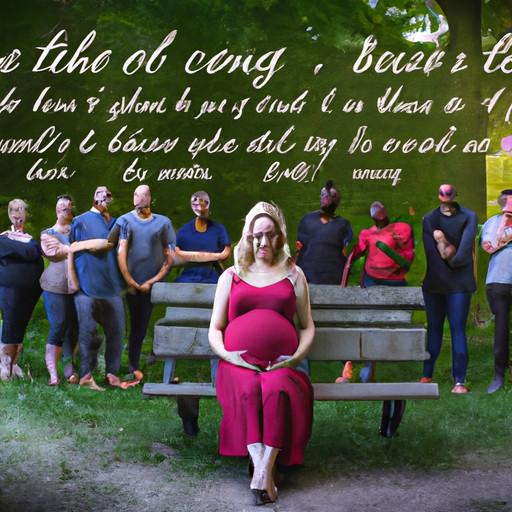 An image depicting a pregnant woman sitting on a park bench, surrounded by a diverse group of supportive friends, family, and professionals