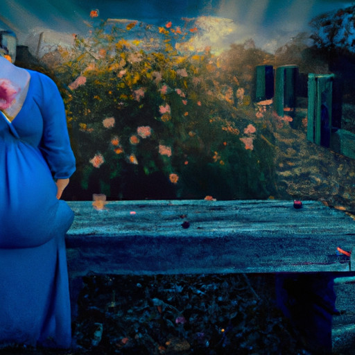 An image showcasing a solitary pregnant woman sitting on a weathered park bench, her hand gently cradling her baby bump, surrounded by overgrown flowers and a fading sunset, symbolizing resilience amidst abandonment