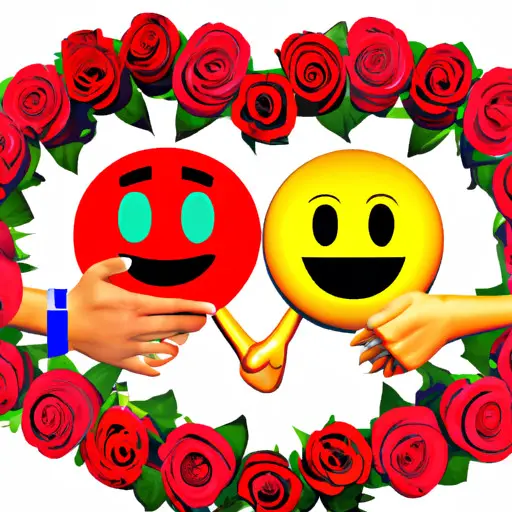 An image showcasing a red heart emoji surrounded by a bouquet of blooming roses, accompanied by a couple holding hands emoji, symbolizing love and romance