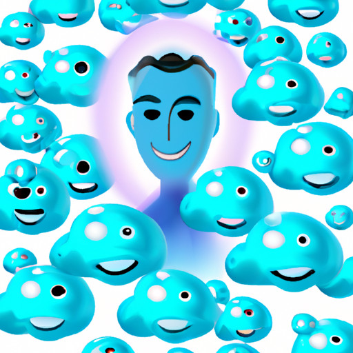 An image of a vibrant azure-hued Emoji Man, surrounded by a whimsical cloud of floating emojis, symbolizing the captivating genesis of the enigmatic figure