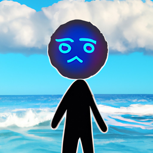 An image of a serene blue emoji man, standing against a vibrant background of ocean waves