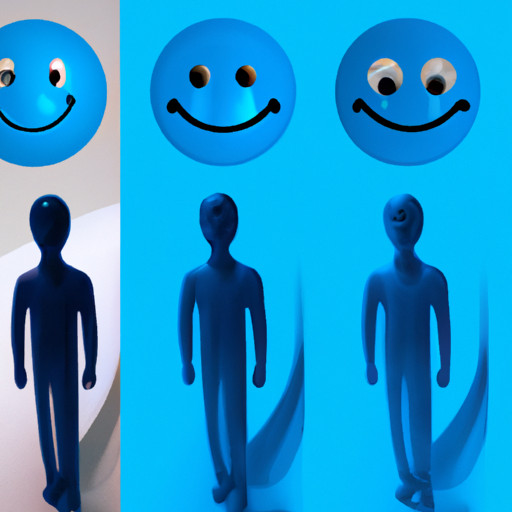 An image showcasing the transformative journey of the Blue Emoji Man, from his humble beginnings as a simple smiling face to his modern-day persona, reflecting the evolution of this iconic blue character