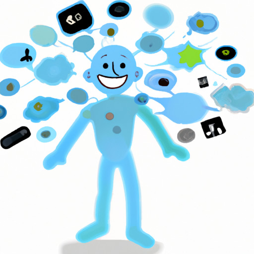 An image of the Blue Emoji Man surrounded by a cloud of thought bubbles, each filled with quirky icons symbolizing interesting facts and trivia about him