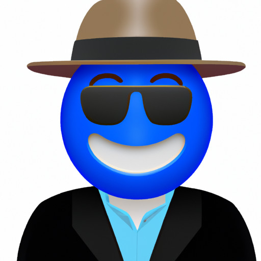 An image showcasing a vibrant blue emoji man with a contagious smile, sporting round black glasses, a wide-brimmed hat, and a stylish suit, exuding confidence as he confidently strikes a pose