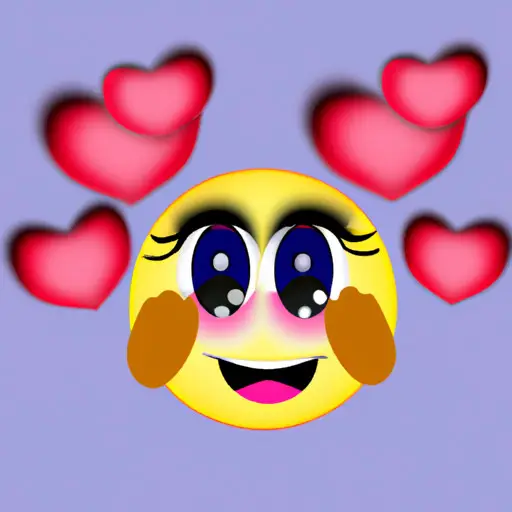 An image of a blushing emoji with rosy cheeks and two heart-shaped eyes, surrounded by floating hearts