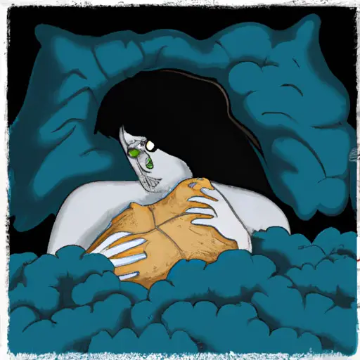 An image depicting a person with disheveled hair and puffy eyes lying in bed under a dark, heavy cloud, their hand clutching their chest, symbolizing the physical pain and heaviness experienced during a breakup