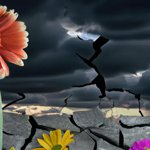 An image showcasing a desolate landscape with dark storm clouds looming overhead, a wilted flower representing a weakened immune system, and shattered fragments symbolizing the effects of stress on health, all conveying the toll of a breakup-induced illness