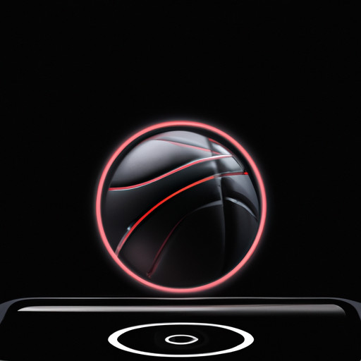 An image showcasing a sleek, futuristic basketball with built-in motion sensors, LED lights, and wireless charging capabilities