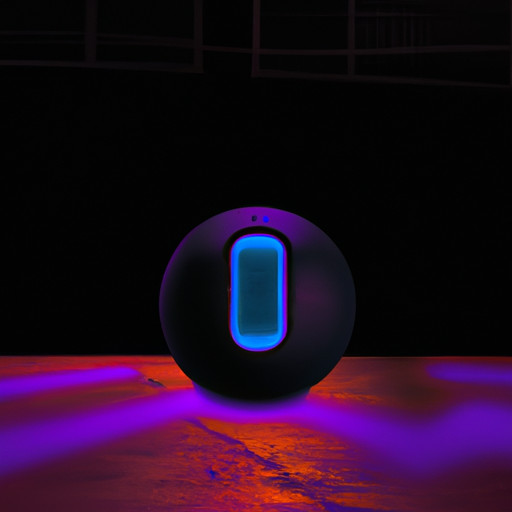 An image showcasing a sleek, personalized basketball-shaped wireless speaker sitting on a basketball court, surrounded by vibrant neon lights