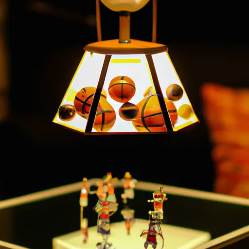 An image showcasing a basketball-shaped lamp hanging above a coffee table adorned with a glass top, revealing a mesmerizing display of basketball cards and miniature basketball figurines