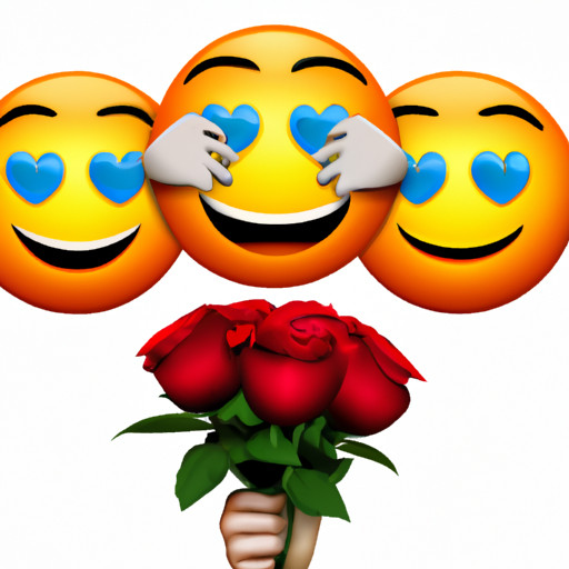 A charming image showcasing a heart-eyed emoji sending a bouquet of vibrant red roses to a blushing smiley face, symbolizing the perfect collection of cute emojis to add sweetness and love to your romantic texts