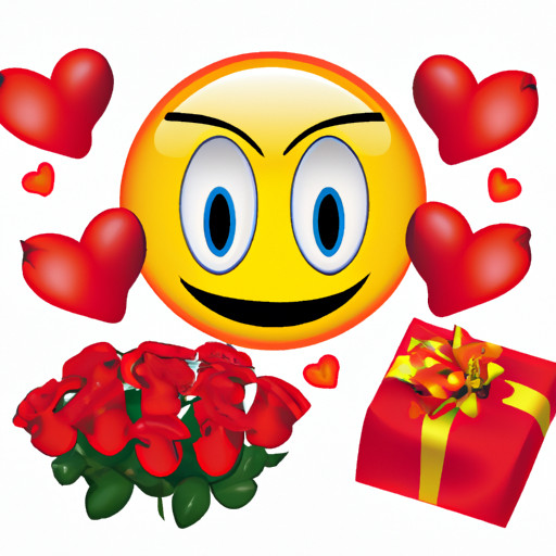 An image featuring a heart-eyed emoji holding a bouquet of red roses, a smiling emoji holding a gift box with a ribbon, and a blushing emoji surrounded by floating hearts, all encapsulating the essence of romantic gestures and surprises