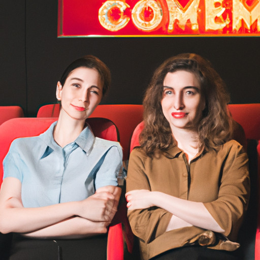 An image of two women, one with a confident stance and the other with a shy smile, sitting together in a cinema, surrounded by movie posters showcasing diverse women