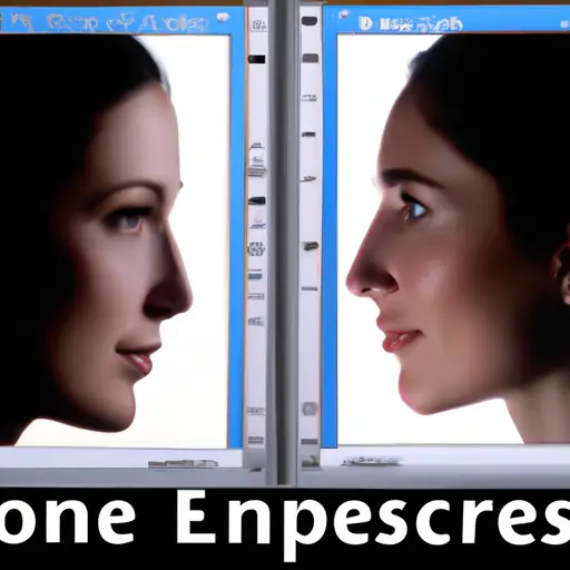 An image showcasing a computer screen split into two halves: one side displaying a genuine profile on Eharmony, while the other side reveals a suspicious profile, highlighting visual cues to educate readers about spotting and avoiding fake profiles