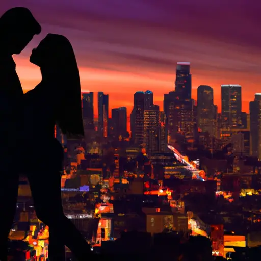 An image showcasing a silhouette of a couple embracing in front of a vibrant cityscape, symbolizing Elite Singles' potential for meaningful connections
