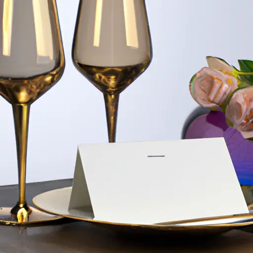 An image showcasing a pristine, minimalist setting with a polished wooden table adorned with two crystal wine glasses, a bouquet of roses, and a gold-plated invitation, all evoking an atmosphere of exclusivity and elegance