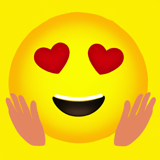 An image showcasing a yellow emoji with smiling eyes and rosy cheeks, delicately cradling a vibrant red heart in its hands