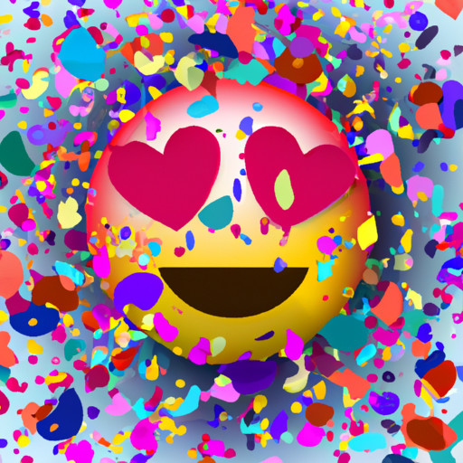 An image featuring a heart-shaped emoji with large, animated eyes, surrounded by a whimsical burst of colorful confetti
