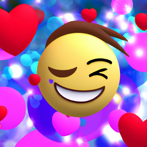 An image showcasing a vibrant, playful scene: a suave emoji guy winking with a mischievous smile, surrounded by floating hearts, enchanting sparks, and a subtle blush on his cheeks