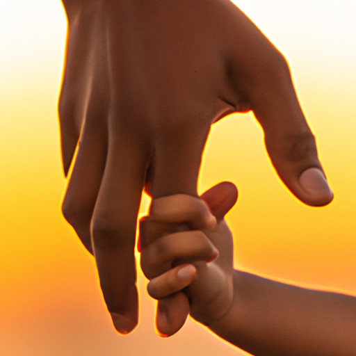 An image depicting a child's hand reaching out to a parent's hand, fingers intertwined, against a warm sunset backdrop