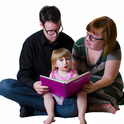 An image showcasing a child sitting cross-legged, engrossed in a captivating storybook, with a parent sitting closely, their attentive expression reflecting warmth and understanding
