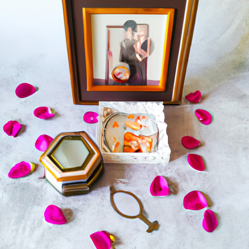 An image depicting a beautifully wrapped engagement gift box, adorned with a custom-engraved photo frame, a personalized wooden love lock, and a delicate porcelain figurine, evoking sentimental treasures for the couple