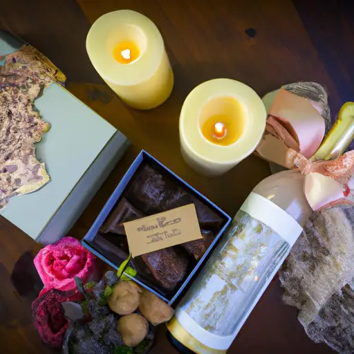 An image of a beautifully wrapped engagement gift box adorned with delicate lace and filled with essentials for a romantic date night: scented candles, a bottle of wine, gourmet chocolates, and a handwritten love note