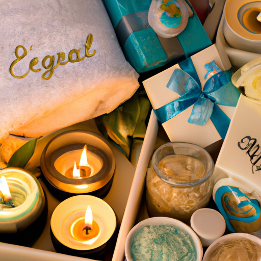 An image of a luxurious engagement gift box for couples, showcasing an assortment of pampering and relaxation gifts