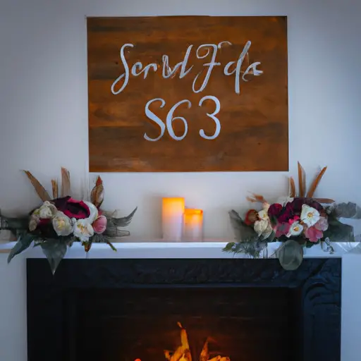 An image featuring a stunning personalized wall art hanging above a rustic fireplace mantle, showcasing the couple's names and wedding date
