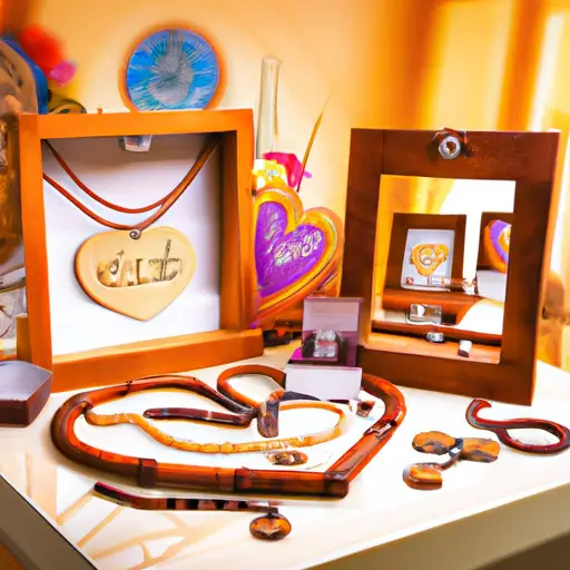 An image showcasing a beautifully handcrafted wooden jewelry box adorned with intricate carvings, filled with delicate personalized necklaces and bracelets, reflecting the love and care invested in a thoughtful DIY engagement gift for your sister