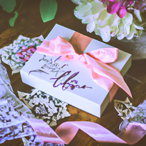 An image showcasing a beautifully wrapped box, adorned with delicate white lace and intertwined with blush pink ribbons
