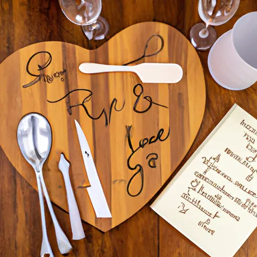 An image showcasing a custom-engraved wooden cutting board with the couple's initials intertwined, surrounded by heart-shaped measuring spoons, personalized wine glasses, and a monogrammed recipe book, emphasizing thoughtful and unique engagement gift ideas for friends